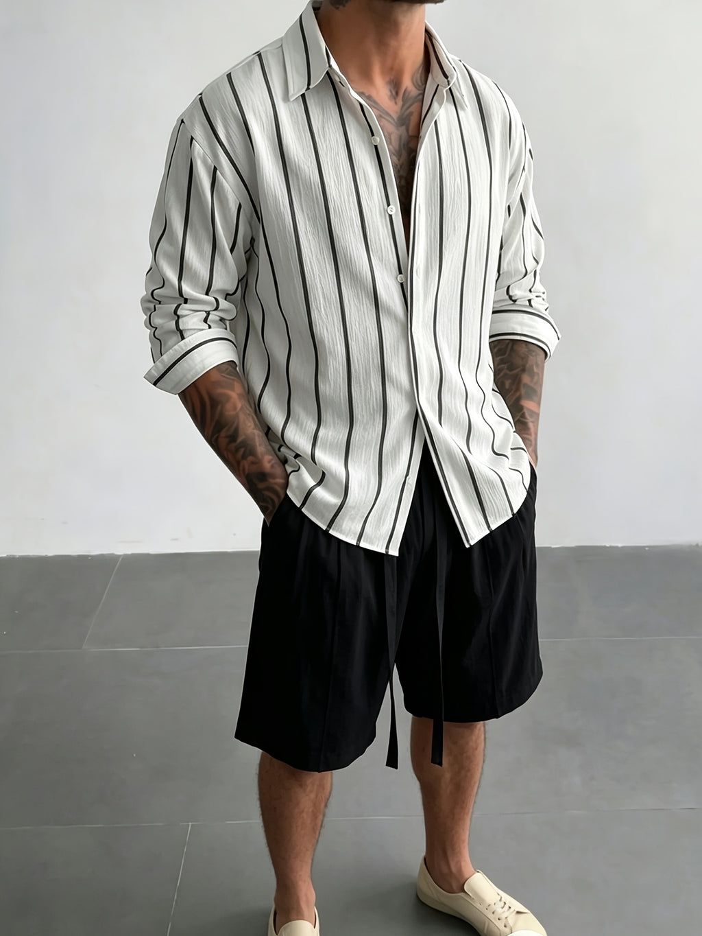 Men's Black and White Vertical Striped Pleated Texture Long Sleeve Shirt, Loose Fit Lapel Collar Casual Versatile Draping Top - White
