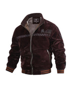 Autumn Winter Men'S Velvet Thickened Jacket, Vintage Jacquard Embroidery Stand Collar Bomber Coat, Loose Fleece Lined Warm Casual Outerwear, Multiple Colors Available - Burgundy