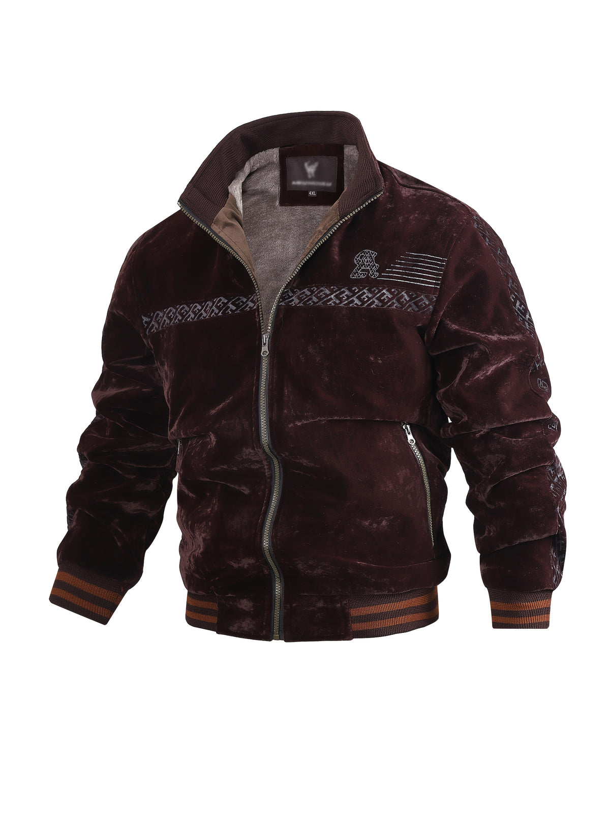 Autumn Winter Men'S Velvet Thickened Jacket, Vintage Jacquard Embroidery Stand Collar Bomber Coat, Loose Fleece Lined Warm Casual Outerwear, Multiple Colors Available - Burgundy