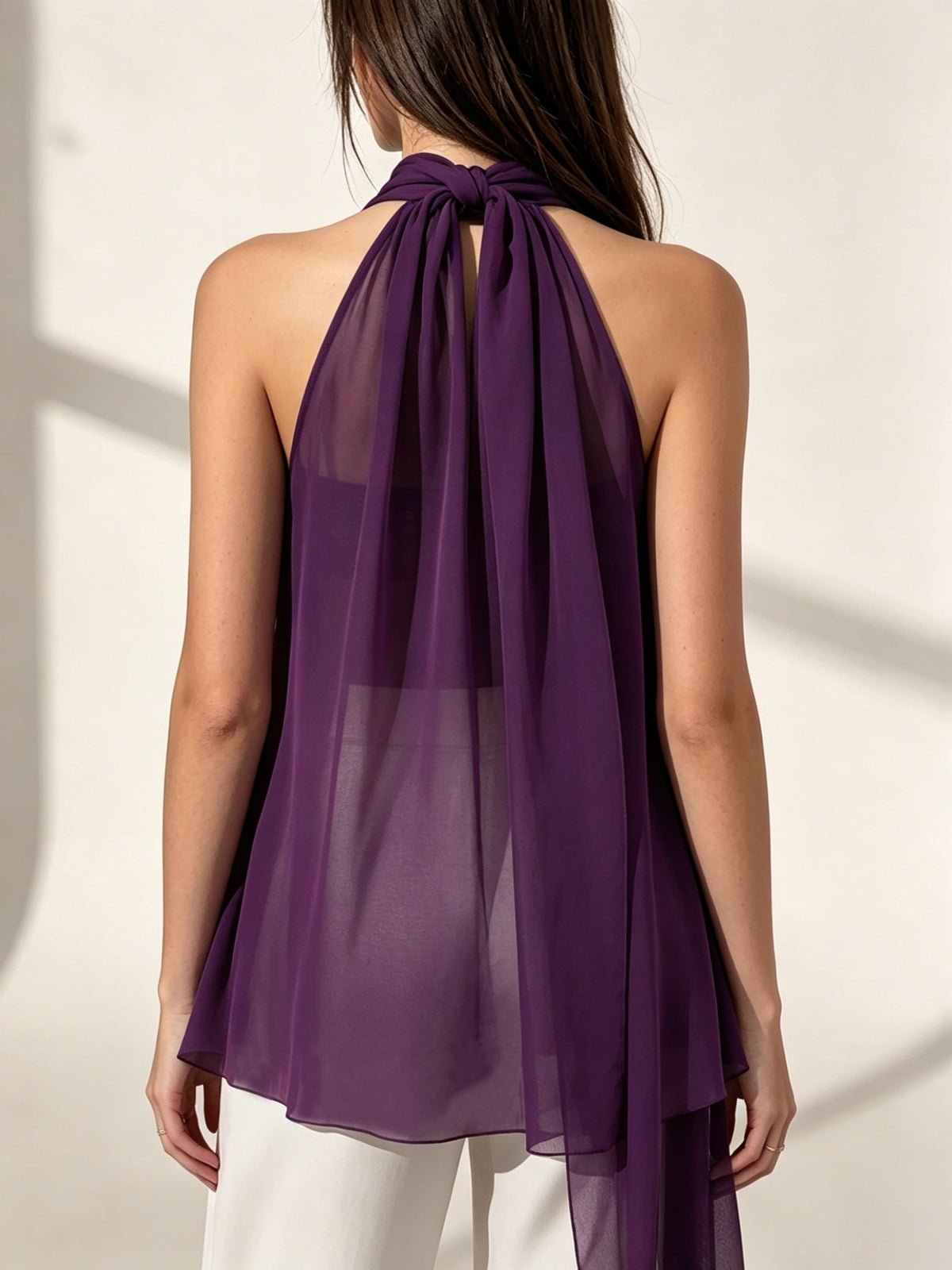Women's Halter Neck Long Tank Top, Chiffon Material, Tie Ribbon Accent, Sheer, New Spring/Summer Style, Simple and Sexy, A Must-Have for Dates - Purple
