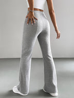 High-Waisted, Elastic Waist Straight-Leg Pants in Light with Small Ribbed Texture And a Slight Flare - Light Grey
