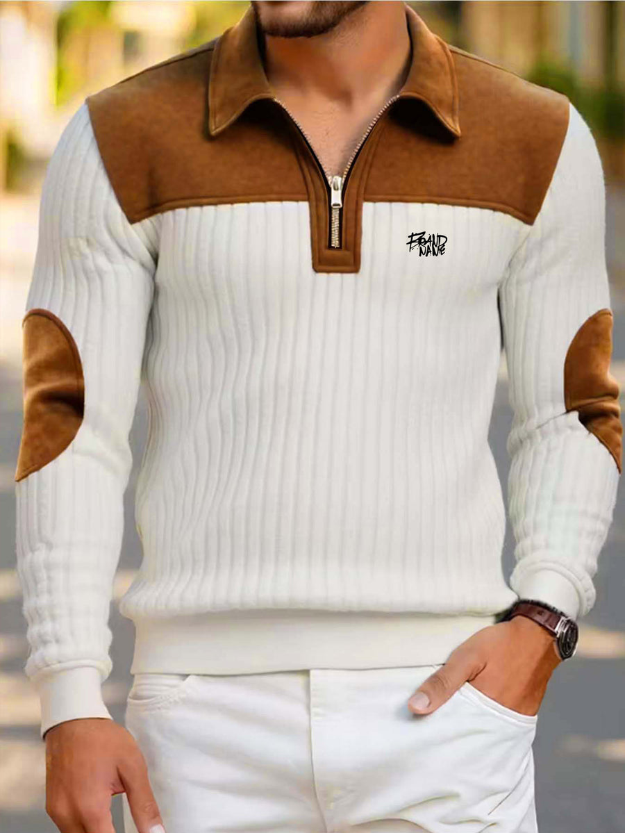 Men'S Contrast Half-Zipper Polo, with Brown Patchwork, Bi-Color Design Men'S Long Sleeve - White