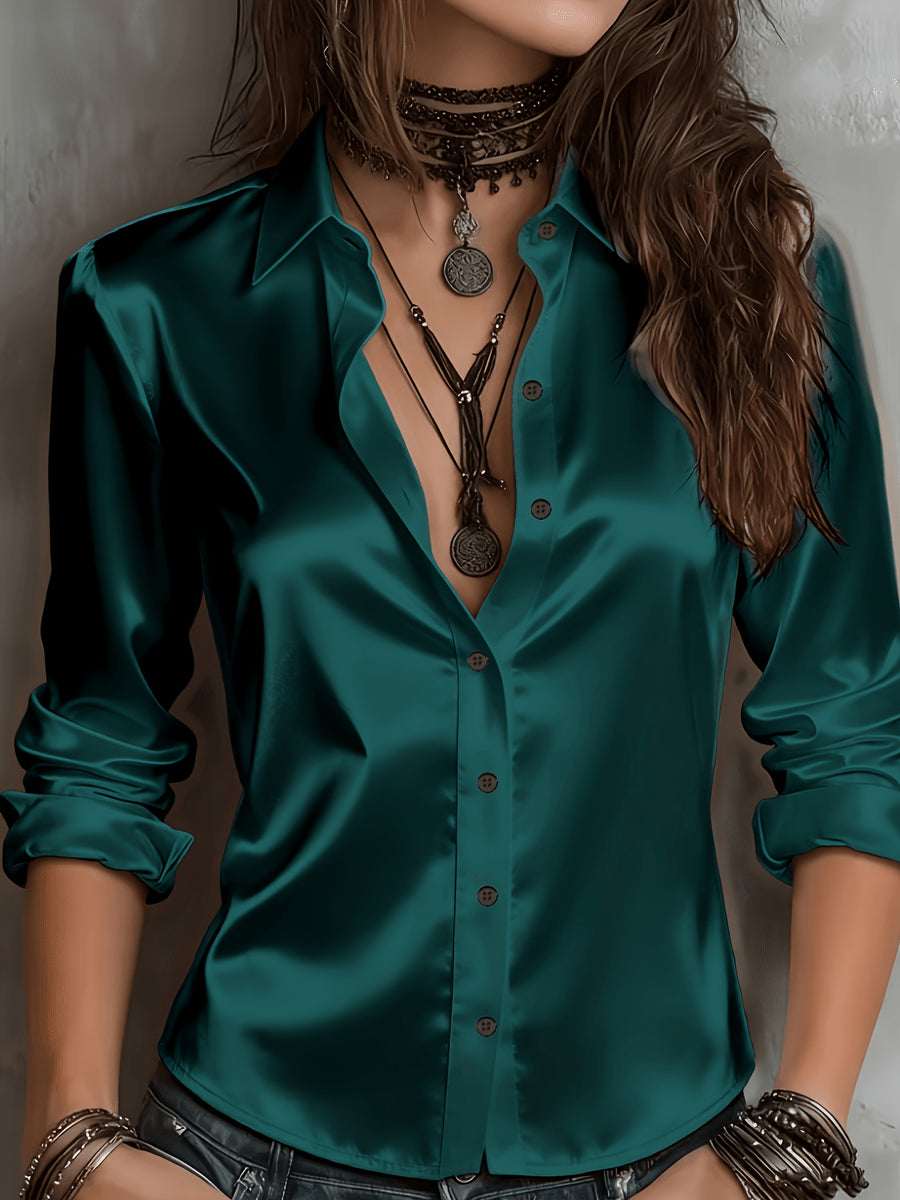 Women'S All-Season Temperament Commuter Satin Shirt - Peacock Blue