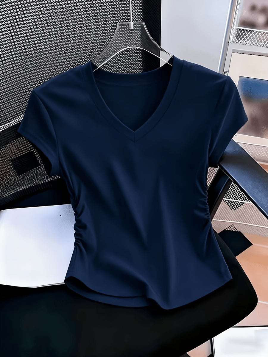 Women'S 3pcs American Retro Casual V-Neck Short Sleeve T-Shirt Spring Summer Slim Short Sleeve Waist Ruched T-Shirt - Mixed Color 1