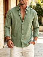 Seasonal Selection 1pc Men's Multi Color Collar Long Sleeve Shirt with Single Breasted and Foldable Sleeves, Lightweight and Comfortable, Simple and Casual Style, Autumn Loose Version, Shopping, Vacation, Work, Commuting Men's Top (Only 1 Shirt) - fern green