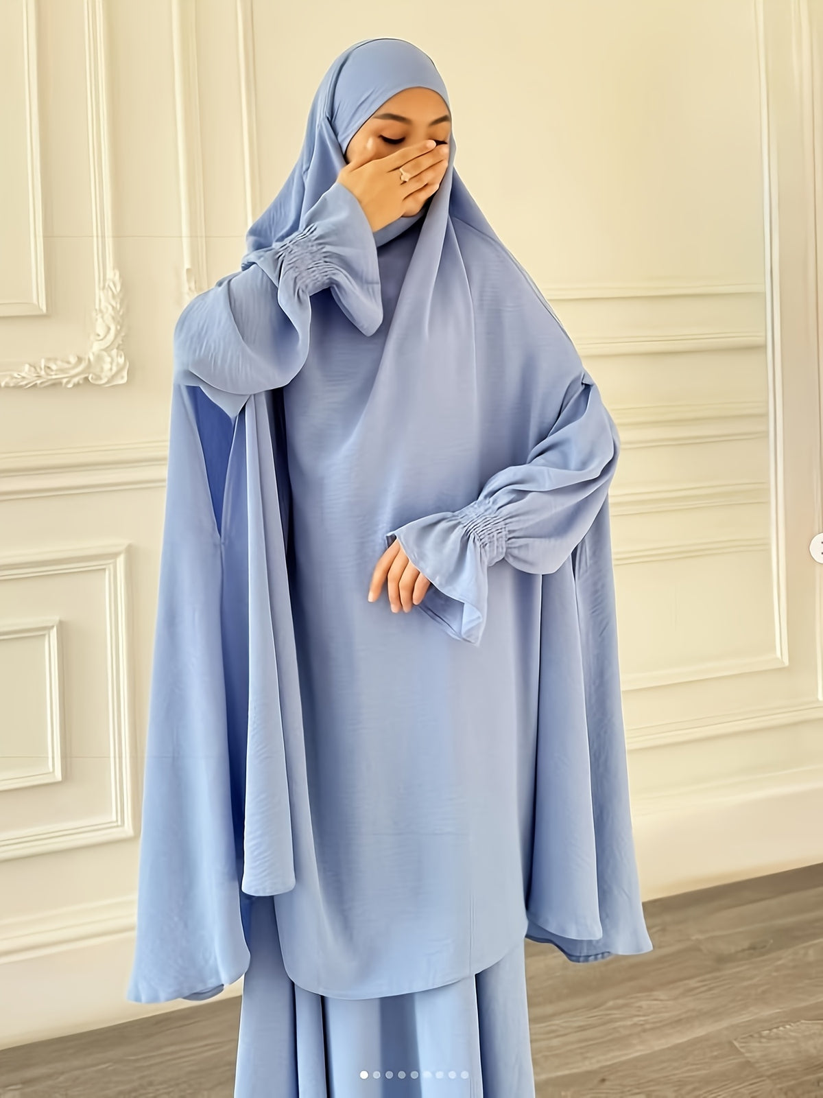 Abaya Middle Eastern Islamic Clothing Loose Comfortable Robe Headscarf with Long Sleeve Dress Two-Piece Set P403 - Sky Blue