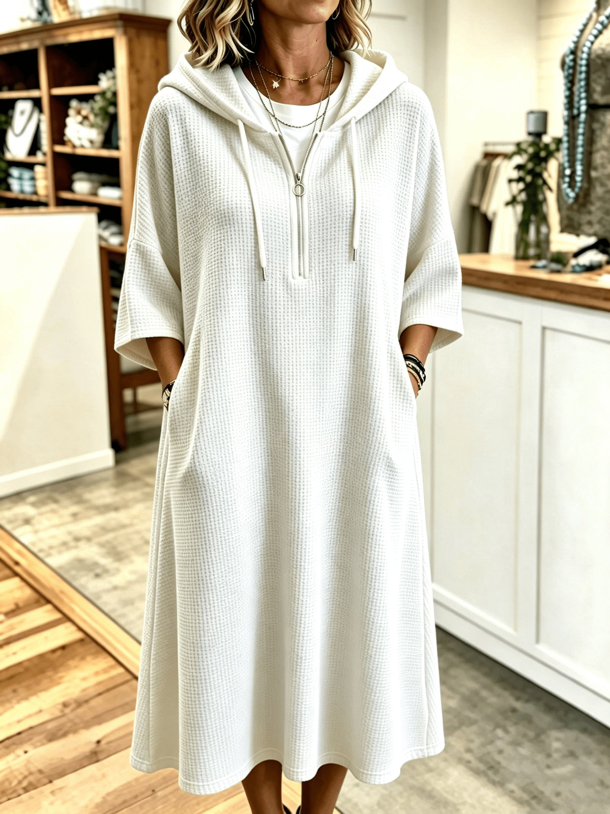 Plus Size - Spring Autumn New Waffle Half-Zip Hooded Sweatshirt Dress Women'S Loose Plus Size Three-Quarter Sleeve Drawstring Pocket Mid-Length Casual Style Solid Color Pullover Dress - White