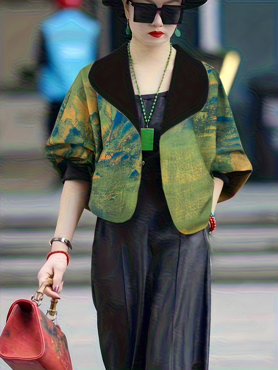 New Stylish Casual Ink Wash Printed Reversible Loose-Fitting Long-Sleeve Short Women'S Jacket - Yellow-green