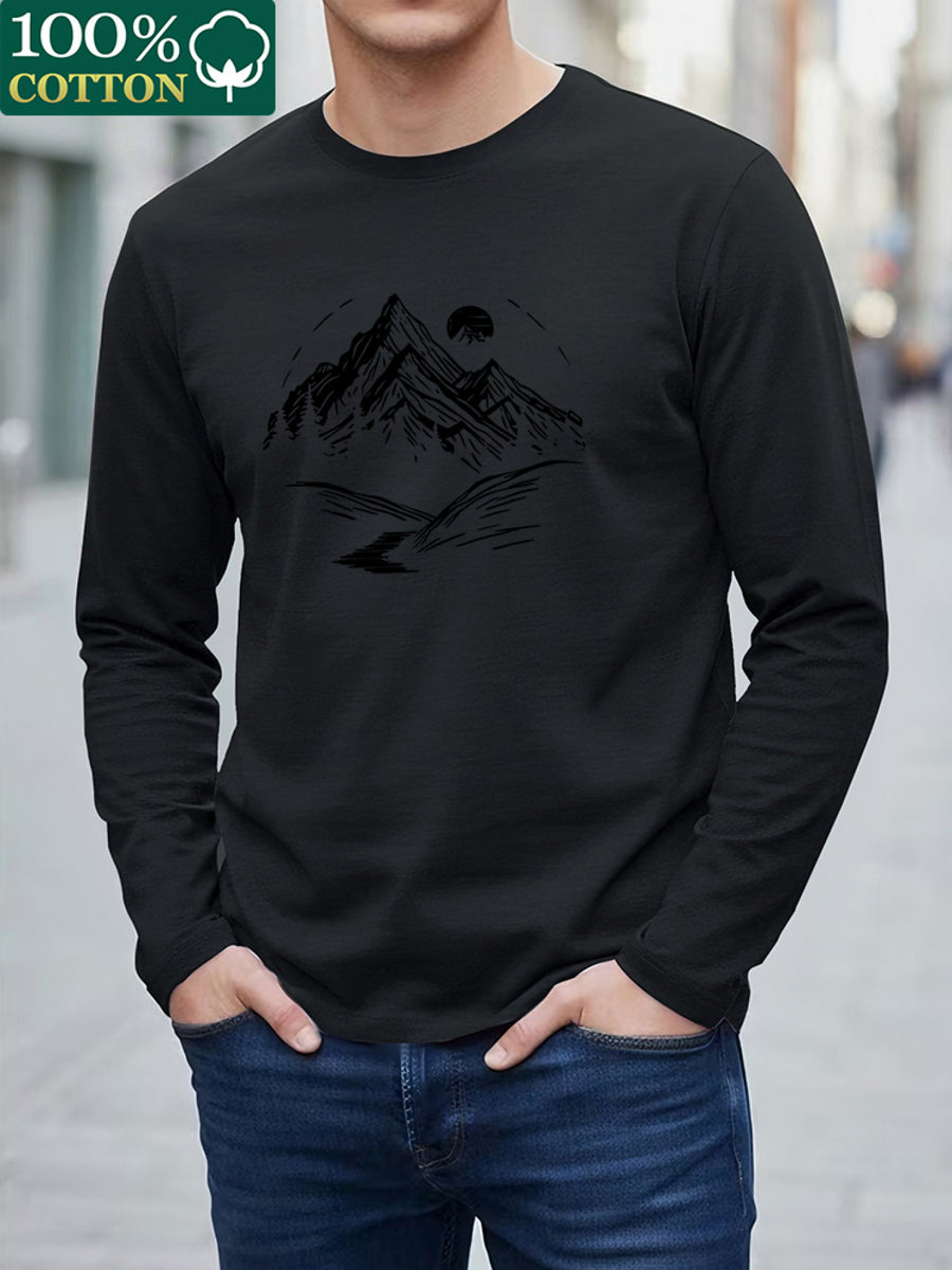 100% Cotton Men's Long-sleeve T-shirt, Pure Cotton Base Layer, Mountain Print Pattern, Suitable for All Seasons, Machine Washable - Black