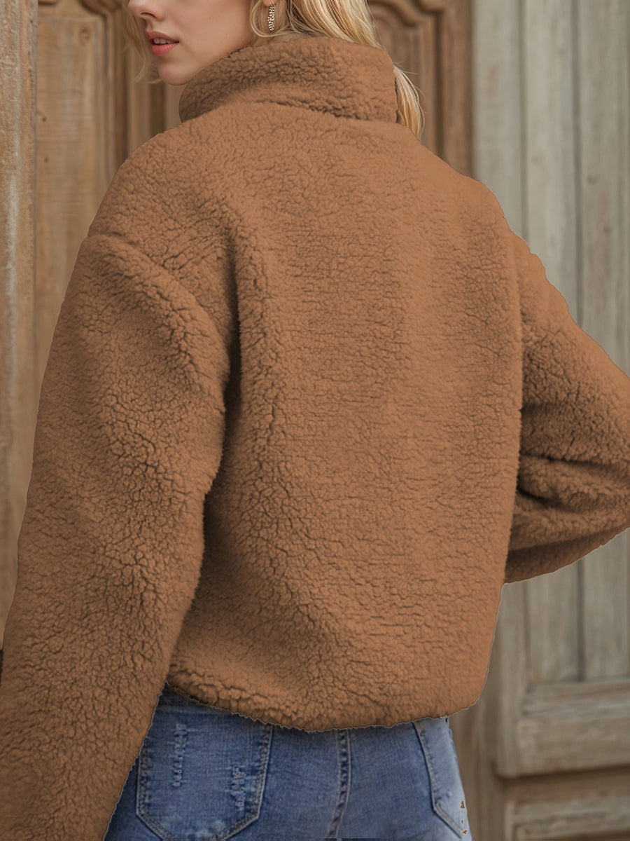 Applique Contrast Trim Zipper Cardigan Casual Plush Jacket - Coffee Color