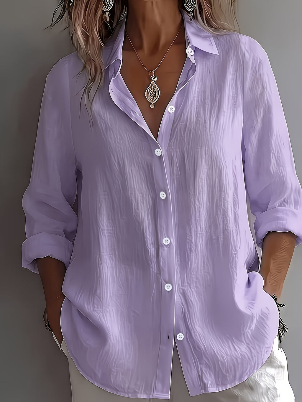 Women's Elegant V-Neck Loose Fit Lazy Linen Textured Shirt - Lavender