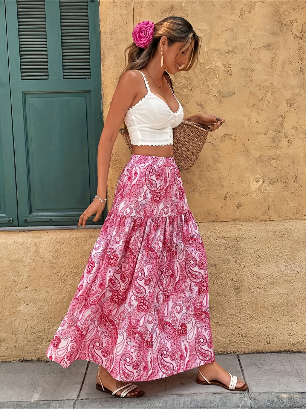 Fashionable Elegant Printed Midi Skirt - Rose Red