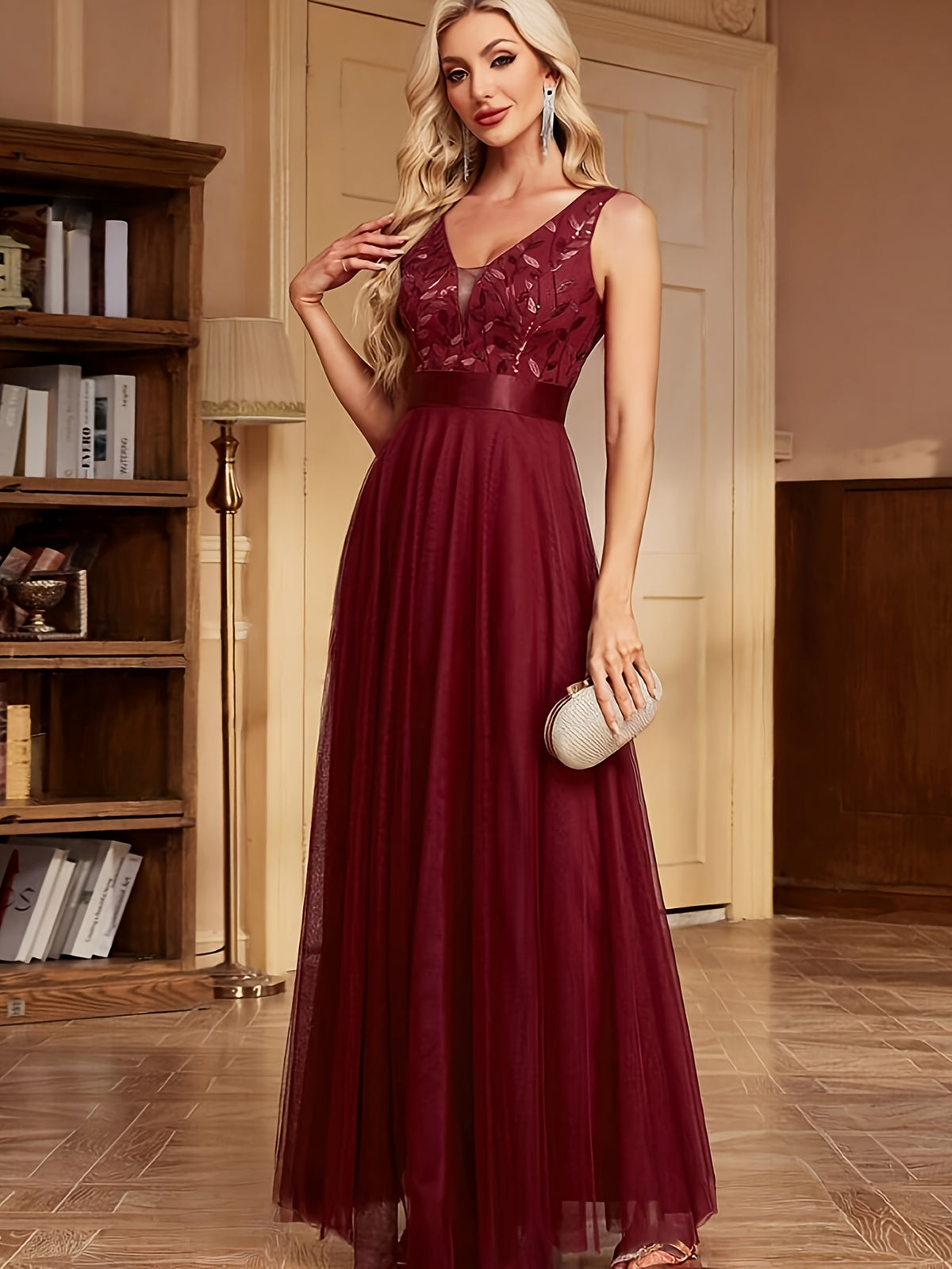Fashionable Sexy New Women'S Sequin Mesh Patchwork A-Line Party Dress - Burgundy