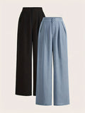 High-Waisted Wide-Leg Pants Two-Piece Set - Black+Blue