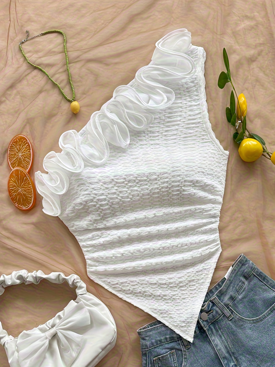 Casual Elegant Women's Hot Outfit Romantic Lace Flower Embellished T-Shirt Bodycon Top Asymmetrical Hem Bohemian Beach Vacation Style Off-Shoulder Vest Crop Top Sexy Hot Outfit Festival Ramadan Eid Clothing - White