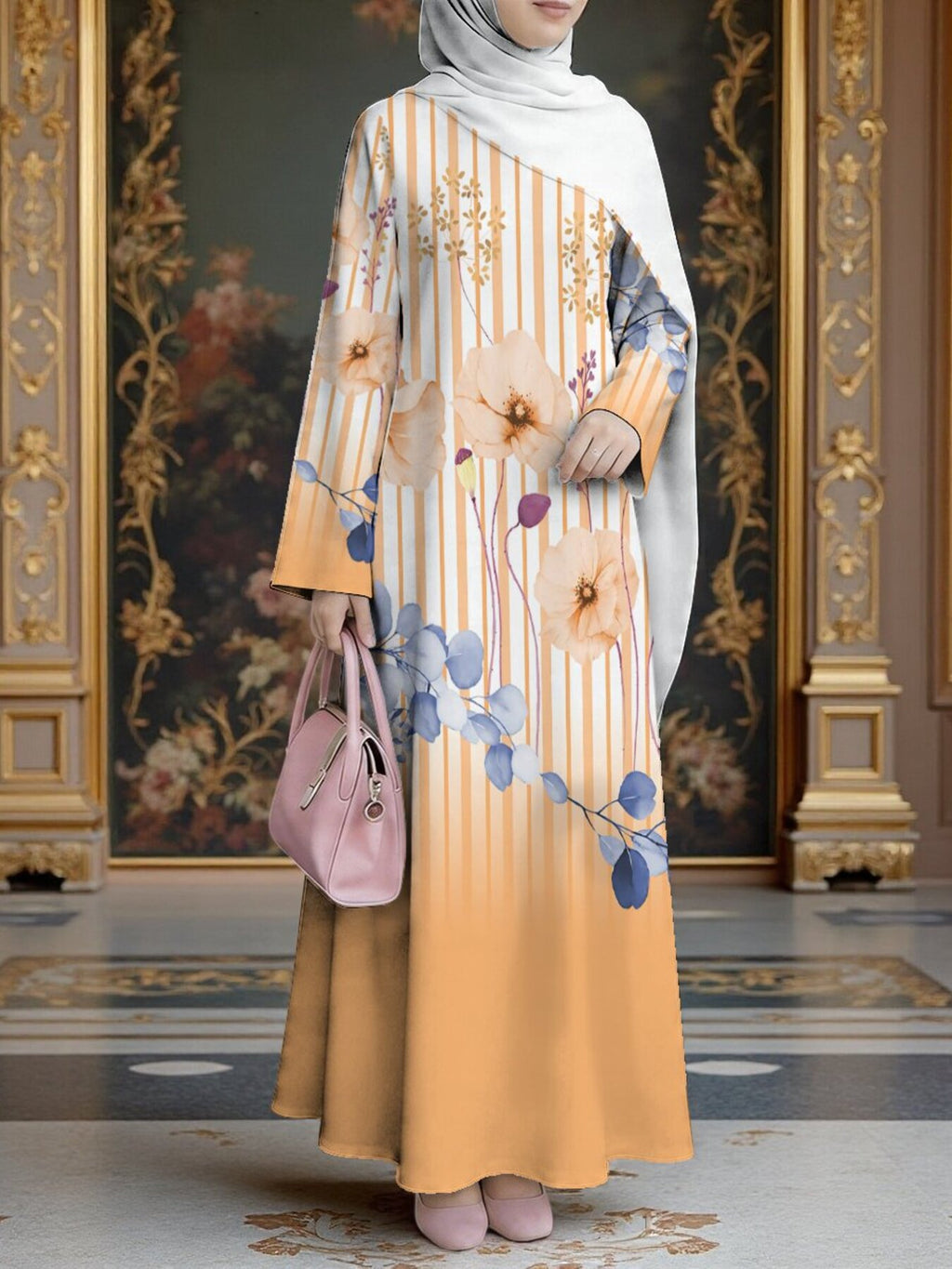 Women'S Hot Middle Eastern Style Muslim Elegant Robe, Orange-Yellow Gradient Striped Floral All-Over Print Long Robe, Loose A-Line Long Sleeve, Festive Prayer Visiting Friends, Stiff Smooth Non- Craft - Mixed colors