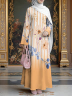 Women'S Hot Middle Eastern Style Muslim Elegant Robe, Orange-Yellow Gradient Striped Floral All-Over Print Long Robe, Loose A-Line Long Sleeve, Festive Prayer Visiting Friends, Stiff Smooth Non- Craft - Mixed colors