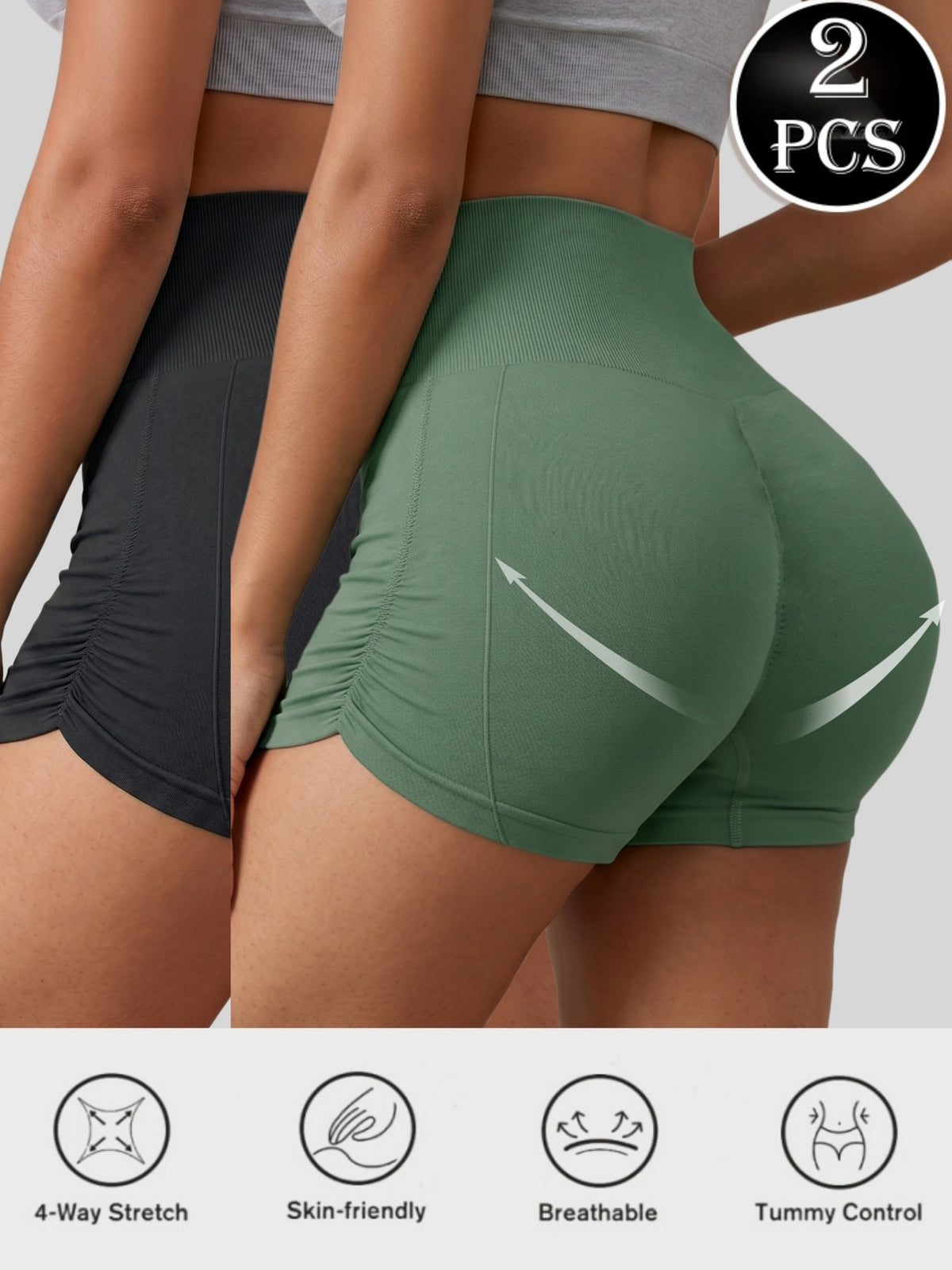 2-Pack, Women'S High-Waist Tummy Control Butt Lift Shorts, Comfortable Soft Briefs, Safe Shorts, Casual Wear, Side Ruched Design, Versatile Fashion Women'S Shorts, Anti-Thigh Friction, Anti-Wardrobe Malfunction - black + army green