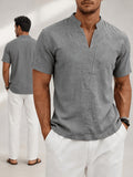 Men'S Minimalist Summer Casual Shirt, Linen Texture Short Sleeve Stand Collar V-Neck Pullover, Soft And Breathable, Loose Fit, Suitable for Business Casual, Vacation, Weekend Gatherings, And More - 1pc Gray