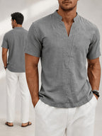 Men'S Minimalist Summer Casual Shirt, Linen Texture Short Sleeve Stand Collar V-Neck Pullover, Soft And Breathable, Loose Fit, Suitable for Business Casual, Vacation, Weekend Gatherings, And More - 1pc Gray