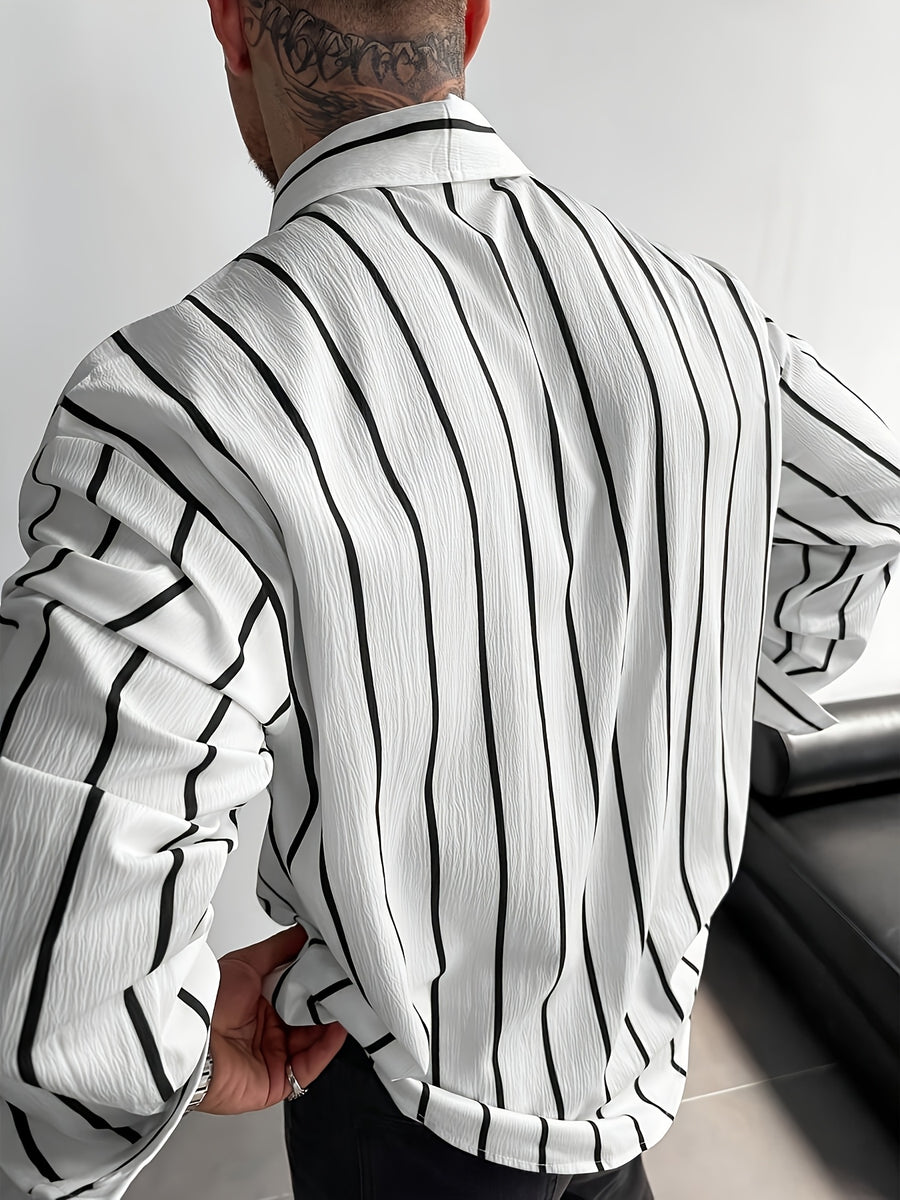 Men's Classic Black and White Striped Long-Sleeve Shirt, Textured Button-Up Shirt, Suitable for Casual and Office Commuting, All Seasons, Men's Gift - White