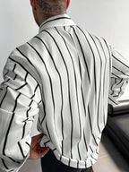 Men's Classic Black and White Striped Long-Sleeve Shirt, Textured Button-Up Shirt, Suitable for Casual and Office Commuting, All Seasons, Men's Gift - White