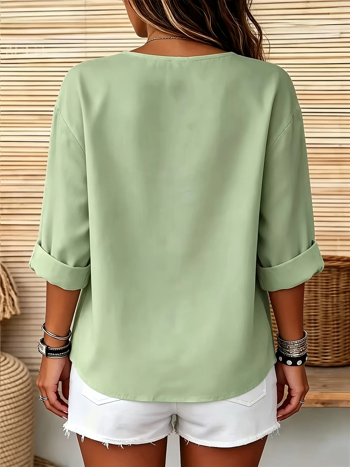 Solid Color Shirt, Round Neck Button-Up, Loose Fit, Casual Wear, Spring Summer Women'S Shirt - Green
