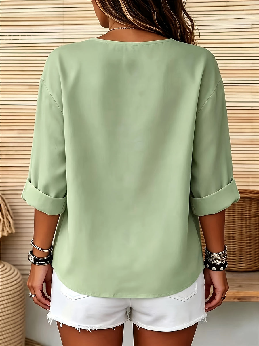 Solid Color Shirt, Round Neck Button-Up, Loose Fit, Casual Wear, Spring Summer Women'S Shirt - Green
