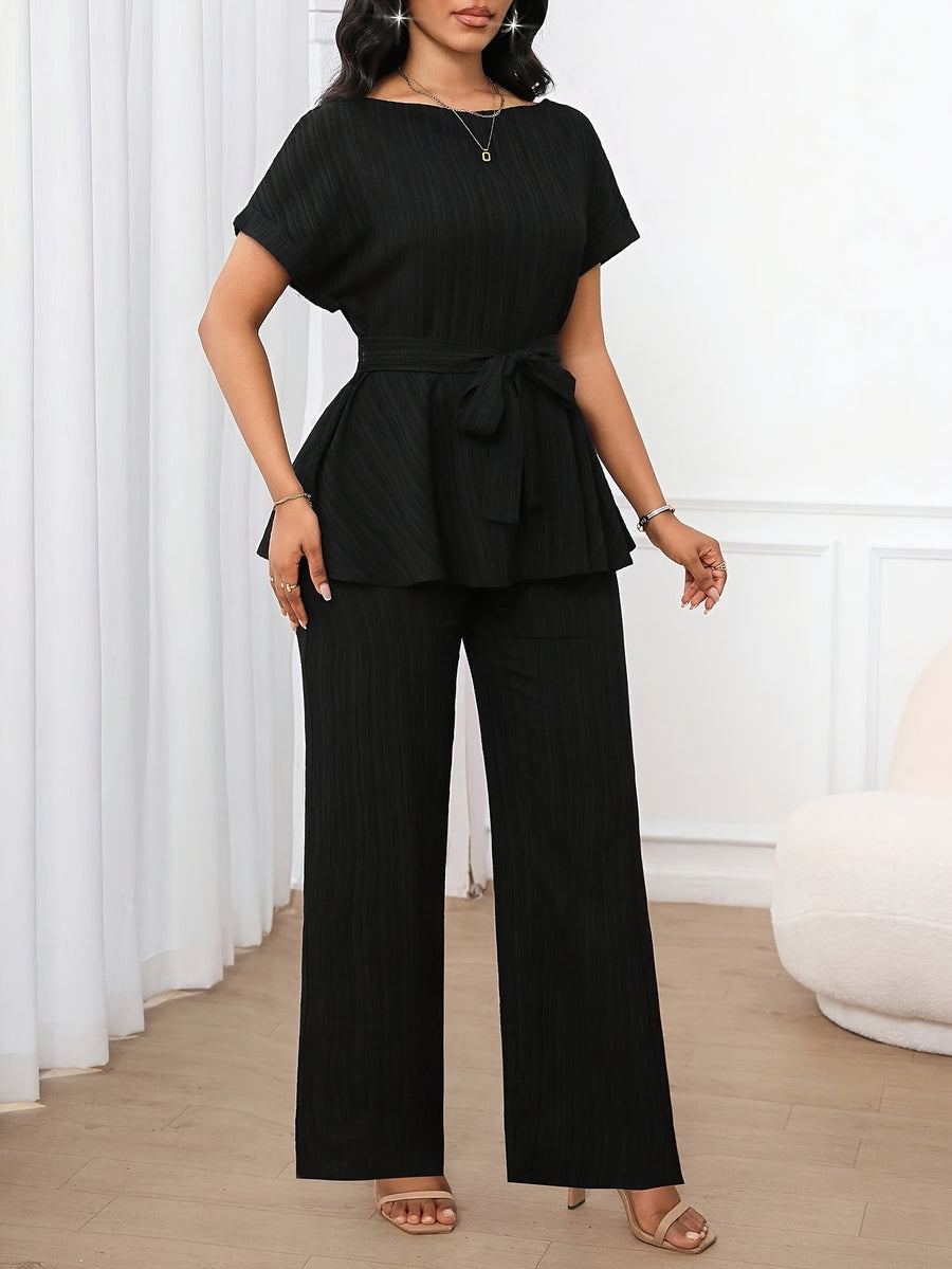 Women'S 2pcs Set, 1pc Short Sleeve Top And 1pc Loose Straight Pants Suitable for Spring Summer Wear - Black