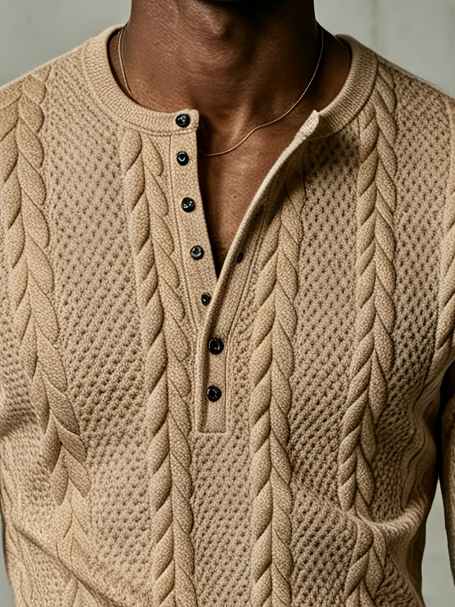 Autumn Men'S White Textured Henley Top, Half-Buttoned Jacquard Long Sleeve Knit Pullover, Korean Style Clean Fit for Men, Slight Stretch Regular Fit, Outdoor And Office Versatile Top - Khaki