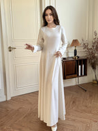 A-Line Dress in a Solid Apricot Color, Featuring Long Sleeves, Ideal for Casual Wear in The Spring And Autumn, Made from Fabric - Apricot
