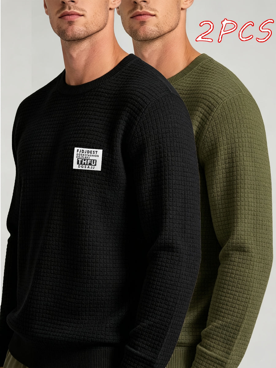 2pcs Men's Knit Pullover, Crew Neck Sweater in Different Color Combinations, Small Check Waffle Knit Texture, Warm and Comfortable for Autumn/Winter, Solid Color Simple and Versatile, Can Be Used as a Gift for Men - Black + Army Green