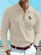 Men'S Print Autumn Striped Casual Sports Outdoor Comfortable Long-Sleeve Polo Shirt - Apricot