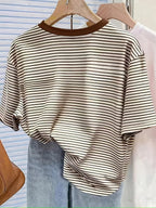 Brown And White Striped Women'S Printed Round Neck Short-Sleeved T-Shirt Style Women'S Top, Round Neck, Slim Fit, Fashionable And Versatile - Mixed colors