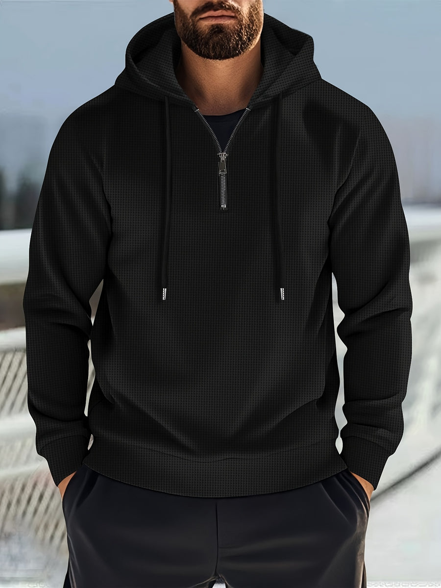 Men's Solid Color Waffle Knit Half-Zip - Lightweight Breathable Half-Zip Hoodie, Long Sleeve Casual Pullover Suitable for Streetwear, Travel, Spring & Autumn Layering, Waffle Texture - Black