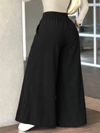 Plus Size, Women's Plus-Size Corduroy Wide-Leg Trousers with Elastic Waist & Pocket Design - Corduroy Pants Suitable for Fall/Winter, Elegant Solid Color Professional/Casual Wear, Wide-Legged Bottoms for Blouses - Black