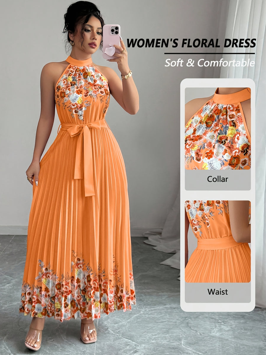 Fashionable New Women'S Summer Halter Floral Print Pleated Dress - Orange