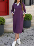 Women'S Fashionable Color-Matching Polo Collar Long-Sleeve Mid-Length Dress with Side Slit And Pocket, Loose Straight Cut, Figure-Hugging Casual Hoodie Dress - Deep Purple
