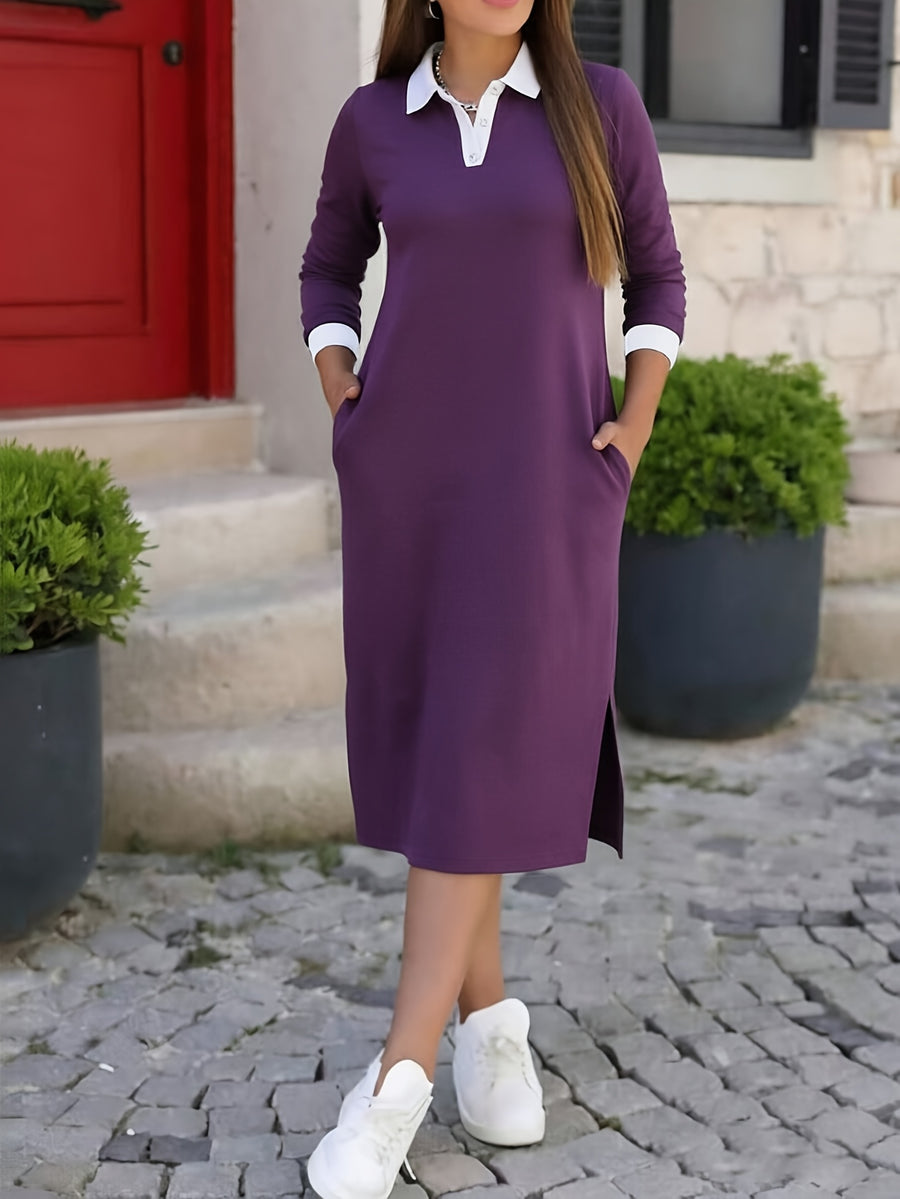 Women'S Fashionable Color-Matching Polo Collar Long-Sleeve Mid-Length Dress with Side Slit And Pocket, Loose Straight Cut, Figure-Hugging Casual Hoodie Dress - Deep Purple
