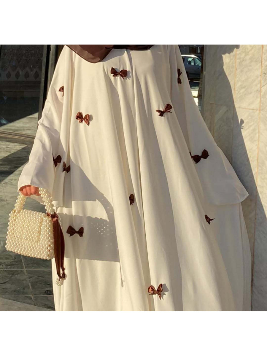 Middle Eastern Arab Women'S New Dubai Loose Trumpet Sleeve Bow Long Robe Dress - Dark Brown