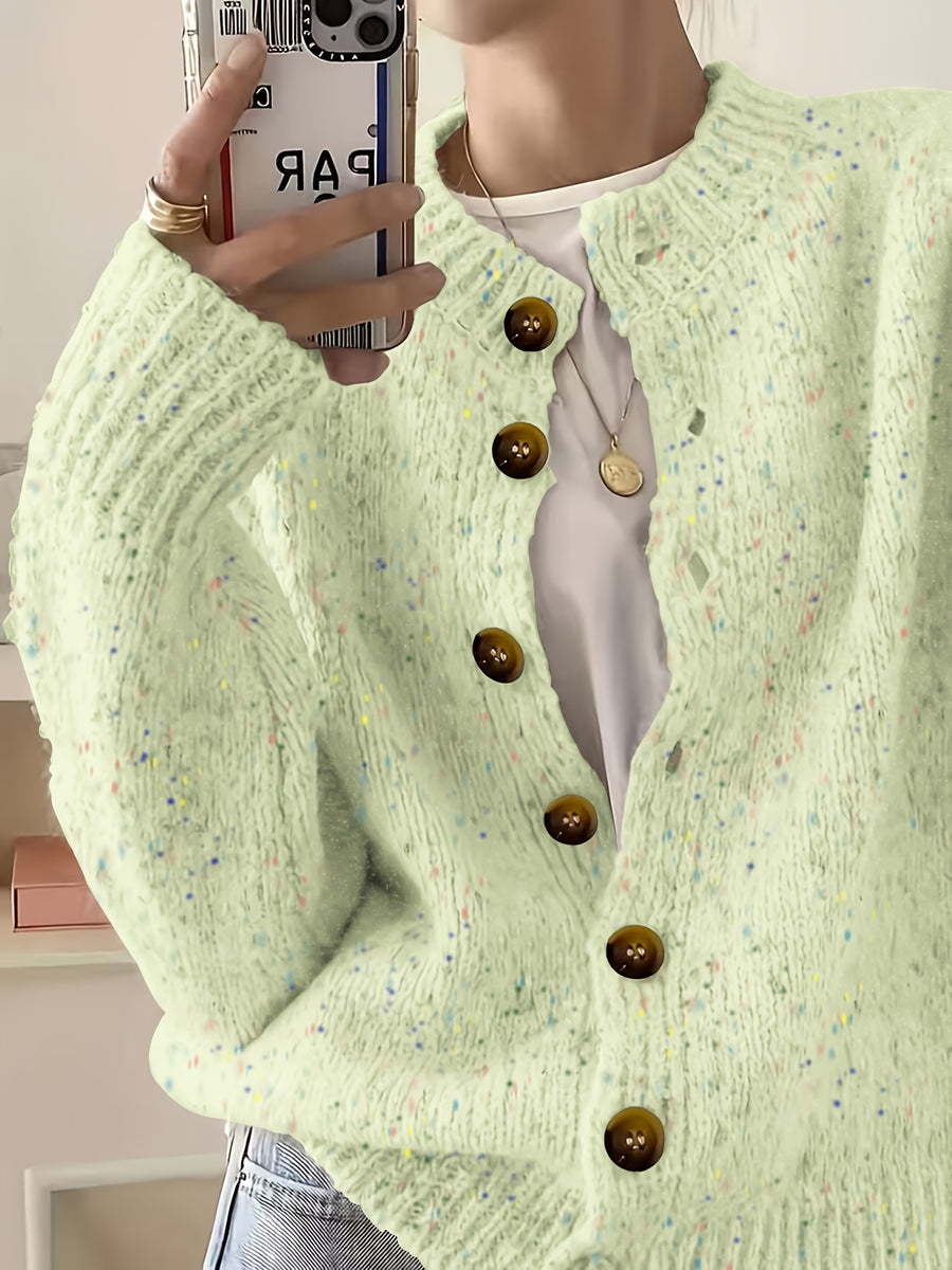 Women's Casual Colorful Button-front Cardigan with Soft Long Sleeves, Round Neck, Light-weight Fashion Candy-colored Dot Pattern, Casual and Elegant Garment | Stretch Fabric Cardigan Suitable for Casual Attire - Pinellia green