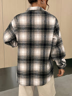 Elegant Plaid Print Drop-Shoulder Patch Pocket Button-Front Shirt Jacket, Thickened -Lined Shirt Jacket, Warm, Suitable for Daily Casual Wear and Parties - Black Plaid