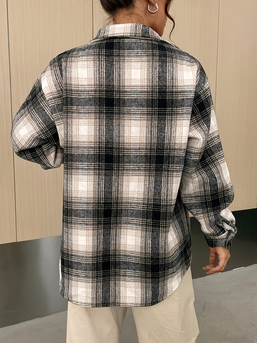 Elegant Plaid Print Drop-Shoulder Patch Pocket Button-Front Shirt Jacket, Thickened -Lined Shirt Jacket, Warm, Suitable for Daily Casual Wear and Parties - Black Plaid