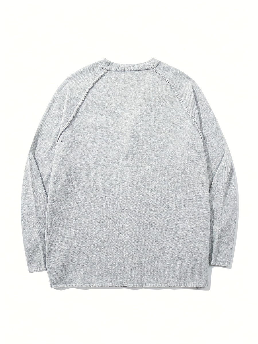 New Men's Casual Loose V-Neck Sweater, Button-Up Simple Solid Color Hand-Knitted Unisex Long Sleeve Fabric Cardigan Jacket - Grey