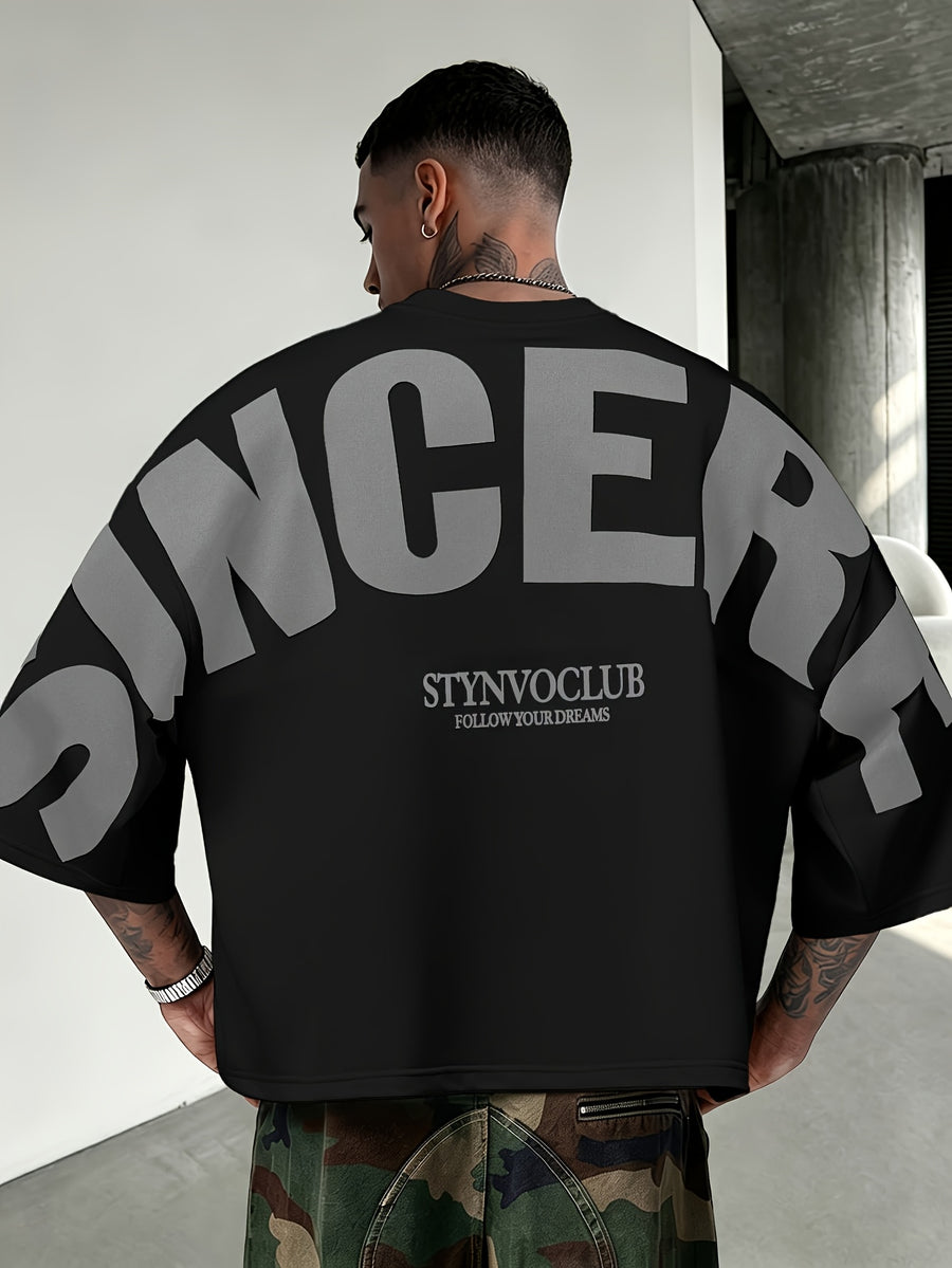 [Printed Design – Not Textured], Men's Drop-Shoulder Style, Men's Summer Fashion Letter Print Crew Neck T-Shirt, Streetwear Loose Fit, Cropped T-Shirt - Mixed Color 4