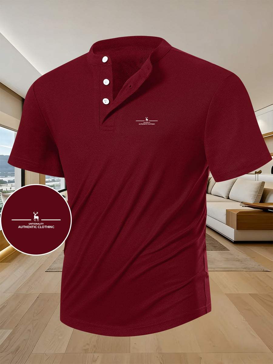 Men's Summer Short-Sleeve Henry (Button-Front Henry) T-Shirt - Breathable Stand Collar, Casual Button- Shirt for Outdoor & Casual Attire, Machine Washable Summer Clothing Suitable for Casual, Office & Semi-Formal Occasions - Burgundy