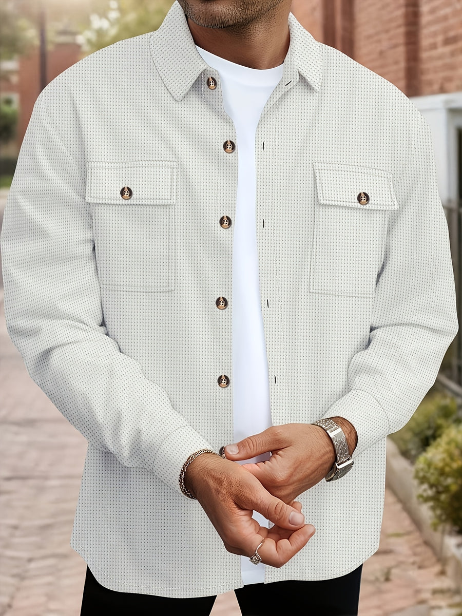 Men'S Waffle Knit Long Sleeve Button-Up Shirt, Casual Lapel Workwear with Chest Pocket, Lightweight And Breathable Daily Top, Autumn Menswear - White