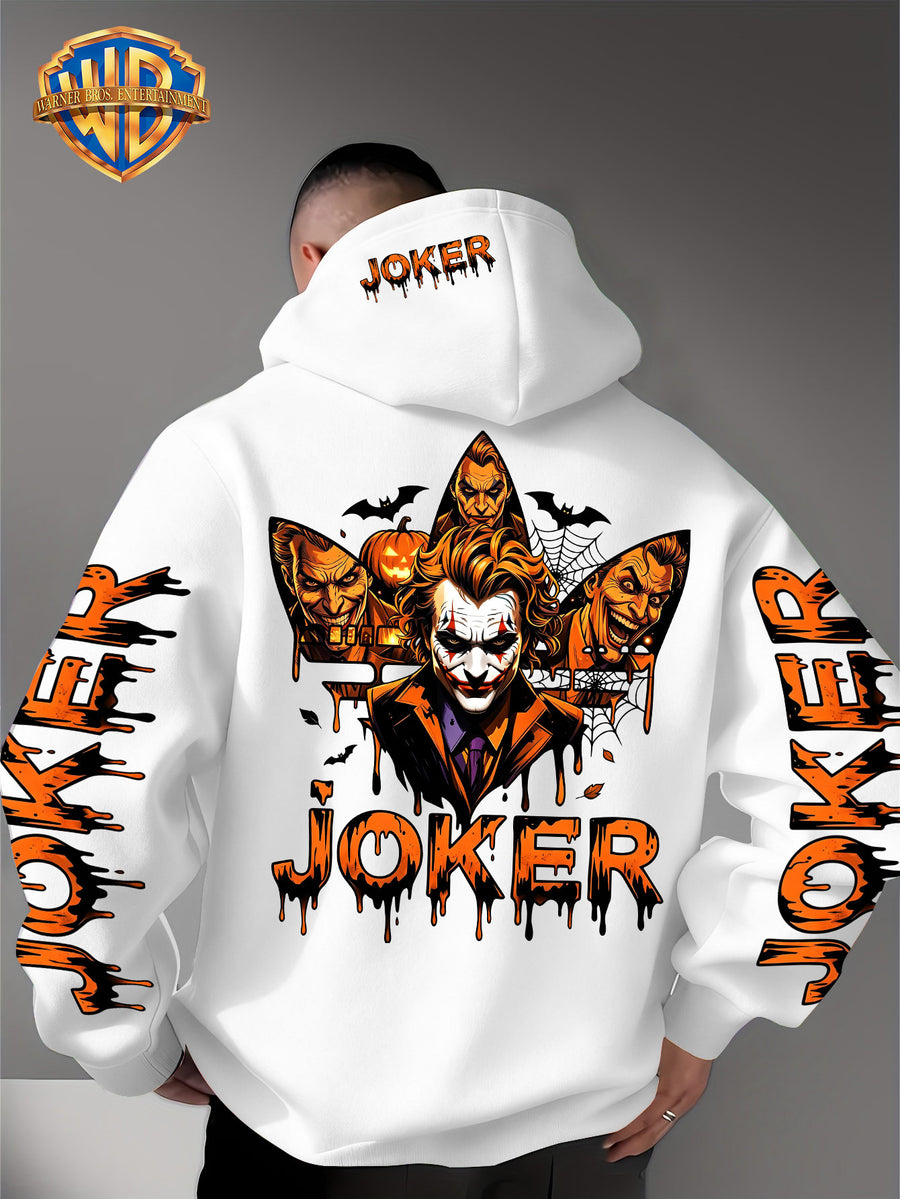 Warner Official - Men's Fashion Hoodie Sweatshirt, Halloween-themed Bat and Spiderweb Hand-Drawn Graffiti Suit Joker with Three Different Evil Smile Expressions Joker Head + "JOKER" Lettering Creative Pattern Print, Soft and Skin-Friendly Fabric - White