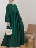 2025 New Muslim Women'S Robe Caramel Color Fashion Casual Bubble Sleeve Easy Loose Solid Color Dress Without Headscarf - Dark Green
