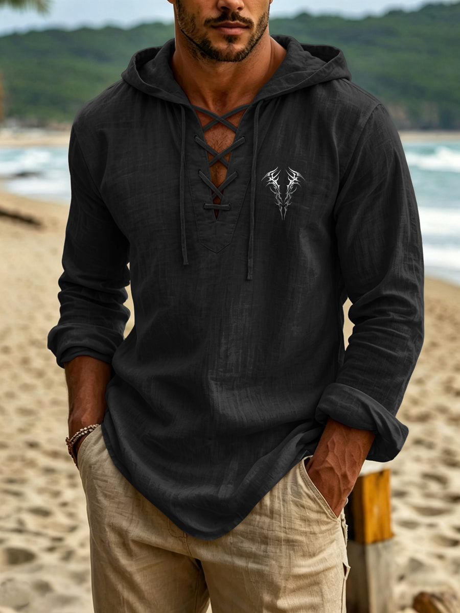 Urban Fashion Men'S Linen Hooded Long Sleeve Top, Tribal Totem Thorn Pattern As Visual Focal Point, Creative Cross-Over Tie Neckline to Avoid Monotony, Long Sleeve Hooded Combination, Creating a Easy And Premium Men'S Outfit - Black